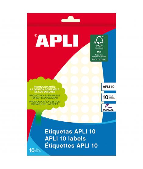 Apli 10 Pack de 1.260 Etiquetas Blancas Redondas Ø 10mm - Etiquetado Rapido y Efectivo - Aptas para Escritura con Lapiz, Boligra