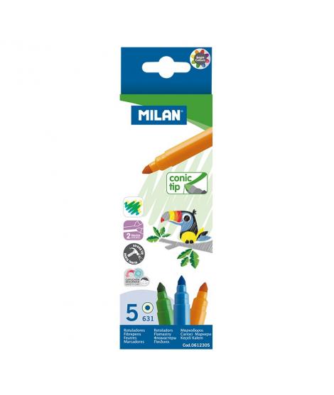 Milan Pack de 5 Rotuladores - Punta Conica 5mm - Tinta al Agua - Lavable - Colores Surtidos