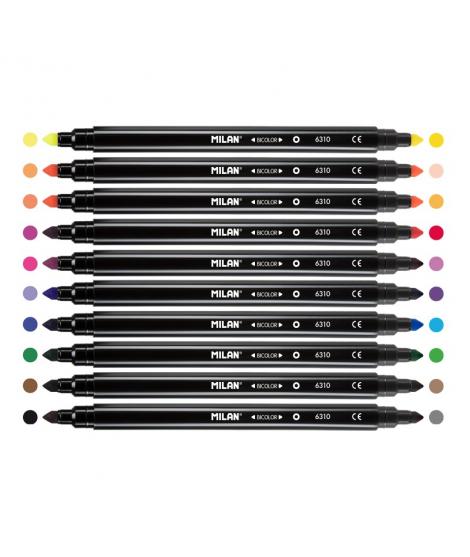 Milan Pack de 10 Rotuladores Bicolor Doble Punta - Punta Conica 5mm - Tinta al Agua - Lavable - Colores Surtidos