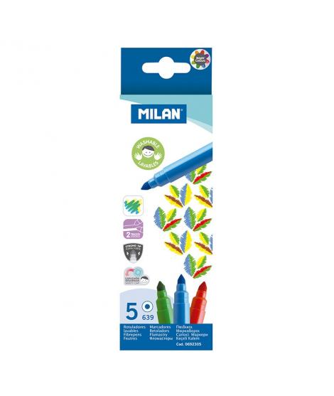 Milan Pack de 5 Rotuladores Super Lavables - Punta Conica 5mm - Tinta al Agua - Colores Surtidos