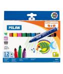 Milan Pack de 12 Rotuladores Super Lavables Maxi - Punta Conica 7.5mm - Tinta al Agua - Lavable - Colores Surtidos