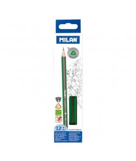 Milan Pack de 12 Lapices de Grafito Triangulares - Mina B de 2.4mm - Resistente a la Rotura - Para Escritura y Dibujo
