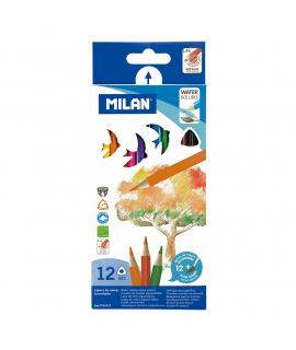 Milan Pack de 12 Lapices Triangulares de Colores Acuarelables + Pincel - Mina 2.9mm - Trazo Uniforme - Resistente a la Rotura - 