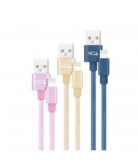 Nanocable Pack de 3 Cables Mallados USB-A Macho a Lightning Macho - Longitud 1m - Colores Rosa, Dorado y Azul