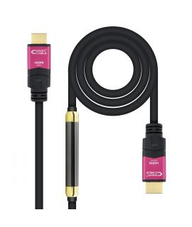 Nanocable Cable HDMI v2.0 Macho con Repetidor a HDMI v2.0 Macho 15m - 4K@60Hz 18Gbps - Alta Velocidad - Color Negro/Rosa