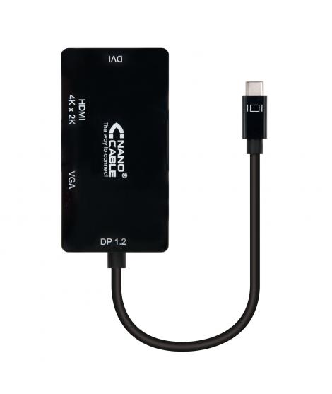 Nanocable Conversor USB-C a SVGA / DVI / HDMI - 3 en 1. USB-C/M-VGA/H-DVI/H-HDMI/H 4K - 10 cm - Color Negro