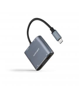 Nanocable Conversor USB-C a 2x HDMI, 1x USB 2.0 y 1x USB-C PD - Longitud del Cable 15cm - Color Gris
