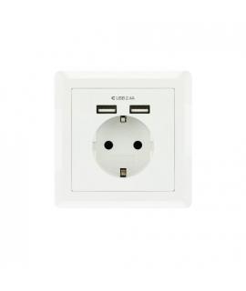 Nanocable Roseta Base de Enchufe de Pared Empotrable Tipo Schuko con 2 Tomas USB 2.4A - Color Blanco