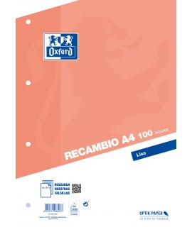 Oxford Recambio Formato A4 Liso 4 Taladros - 100 Hojas Sueltas