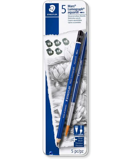 Staedtler Mars Lumograph Aquarell 100A Pack de 5 Lapices de Grafito + Pincel - Resistencia a la Rotura - Graduaciones Surtidas