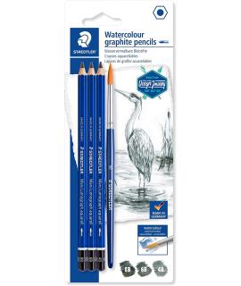 Staedtler Mars Lumograph Aquarell 100A Pack de 3 Lapices de Grafito + Pincel - Resistencia a la Rotura - Graduaciones Surtidas