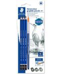 Staedtler Mars Lumograph Aquarell 100A Pack de 3 Lapices de Grafito + Pincel - Resistencia a la Rotura - Graduaciones Surtidas