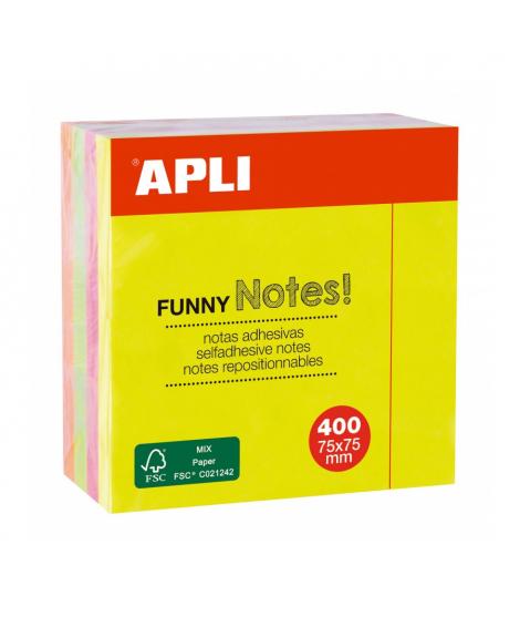 Apli Funny Cubo de 400 Notas Adhesivas 75 x 75 mm - Colores Surtidos Fluorescentes