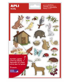 Apli Bolsa de Gomets Tematicos el Bosque - 69 Gomets en 3 Hojas - Ilustraciones Educativas de Animales y Objetos del Bosque -