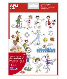 Apli Bolsa de Gomets Tematicos Deportes - 204 Gomets en 12 Hojas - Ilustraciones Divertidas para Enriquecer Vocabulario y