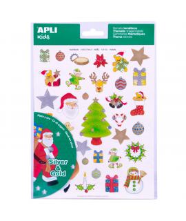 Apli Gomets Tematicos Navidad - 99 Gomets en 3 Hojas - Ilustraciones Educativas - Adhesivo Removible - Tinta Oro y Plata -