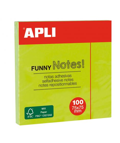 Apli Notas Adhesivas Funny 75x75mm - Bloc de 100 Hojas - Adhesivo de Calidad - Facil de Despegar - Color Verde Fluorescente