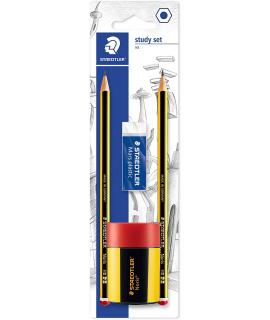 Staedtler 120 Pack de 2 Lapices de Grafito 2HB Hexagonales + 1 Sacapuntas con Deposito + 1 Goma de Borrar Mars Plastic - Madera 