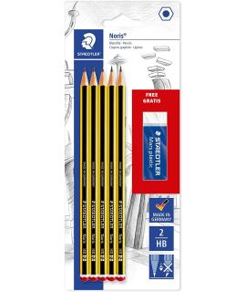 Staedtler Noris 120 Pack de 5 Lapices de Grafito Hexagonales 2HB + 1 Goma de Borrar Mars Plastic - Madera de Bosques Sostenibles