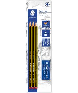 Staedtler Noris 120 Pack de 3 Lapices de Grafito Hexagonales 2HB + 1 Gomas de Borrar Mars Plastic - Madera de Bosques Sostenible