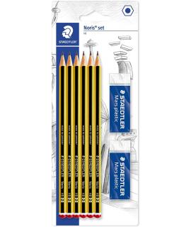 Staedtler Noris 120 Pack de 6 Lapices de Grafito Hexagonales 2HB + 2 Gomas de Borrar Mars Plastic - Madera de Bosques Sostenible