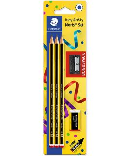 Staedtler Noris 120 Pack de 3 Lapices de Grafito Hexagonales + Goma de Borrar + Sacapuntas - Mina HB Ultrarresistente de 2mm - M