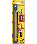 Staedtler Noris 120 Pack de 3 Lapices de Grafito Hexagonales + Goma de Borrar + Sacapuntas - Mina HB Ultrarresistente de 2mm - M