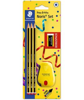 Staedtler Noris 120 Pack de 3 Lapices de Grafito Hexagonales + Goma de Borrar + Sacapuntas - Mina HB Ultrarresistente de 2mm - M