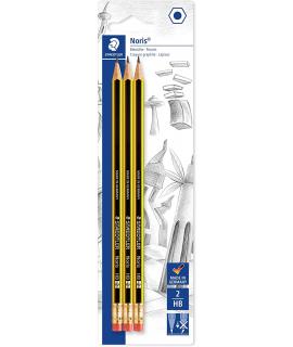 Staedtler Noris 122 Pack de 3 Lapices de Grafito Hexagonales 2HB con Goma - Resistencia a la Rotura - Madera de Bosques Sostenib