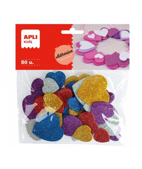 Apli Formas de Corazones Adhesivas de Goma Eva - 50 Formas - Medidas Surtidas - Material Suave y Seguro - Colores Surtidos Purpu