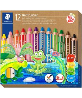 Staedtler Noris Junior Pack de 12 Lapices de Colores Extragruesos + Sacapuntas - 3 en 1, Lapiz, Cera y Acuarelable - Colores