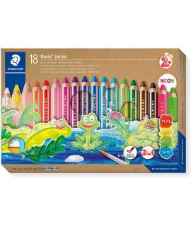 Staedtler Noris Junior Pack de 18 Lapices de Colores Extragruesos + Sacapuntas - 3 en 1, Lapiz, Cera y Acuarelable - Colores Sur