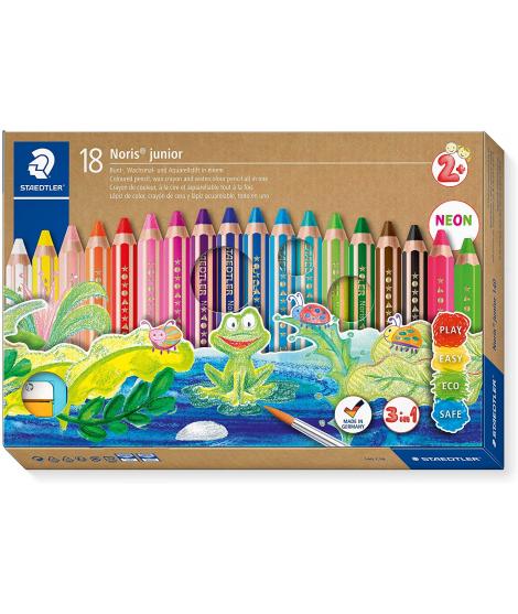 Staedtler Noris Junior Pack de 18 Lapices de Colores Extragruesos + Sacapuntas - 3 en 1, Lapiz, Cera y Acuarelable - Colores