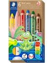 Staedtler Noris Junior Pack de 6 Lapices de Colores Extragruesos + Sacapuntas - 3 en 1, Lapiz, Cera y Acuarelable - Colores Surt