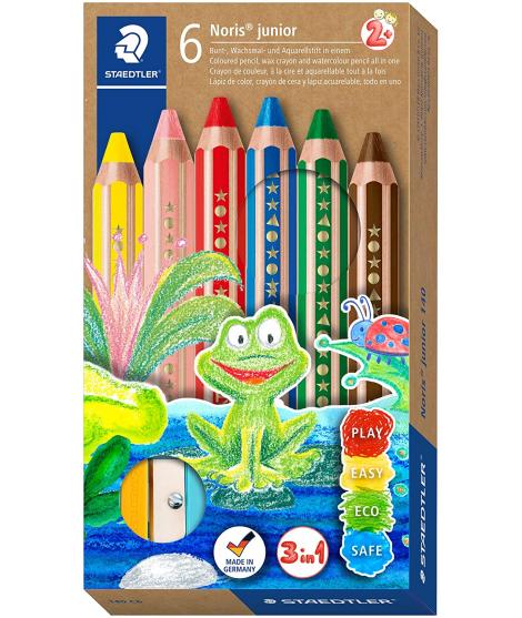 Staedtler Noris Junior Pack de 6 Lapices de Colores Extragruesos + Sacapuntas - 3 en 1, Lapiz, Cera y Acuarelable - Colores