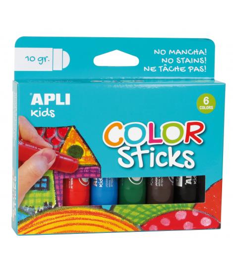 Apli Color Sticks Temperas Solidas - Pack de 6 Unidades de 10g - Acabado Satinado sin Necesidad de Barniz - Secado Rapido en Men