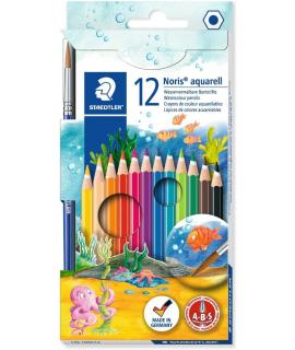 Staedtler Noris Aquarell Pack de 12 Lapices Hexagonales de Colores + Pincel - Madera de Bosques Sostenibles - Colores Surtidos