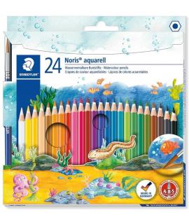 Staedtler Noris Aquarell Pack de 24 Lapices Hexagonales de Colores + Pincel - Madera de Bosques Sostenibles - Colores Surtidos