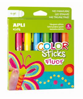 Apli Color Sticks Temperas Solidas Fluorescentes - Pack 6 Unidades de 6g - Acabado Satinado sin Necesidad de Barniz - Secado Rap