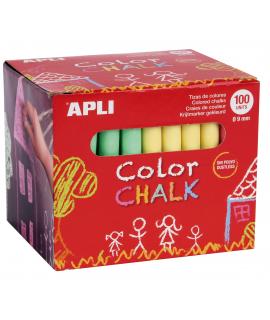 Apli Pack de 100 Tizas Redondas de Colores Surtidos Ø 9 x 80mm - Sin Polvo - Ideales para Escribir, Dibujar y Colorear en Pizarr