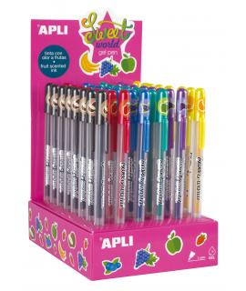 Apli Sweet World Gel Pen Expositor - 48 Boligrafos de Tinta Gel con Aroma a Frutas - 8 Colores Surtidos - 1mm de Grosor de