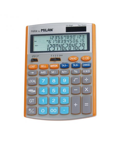 Milan Calculadora de 12 Digitos - Pantalla de 3 Lineas - 3 Teclas de Memoria - Calculo de Margenes - Funcion Impuestos, Tiempo y