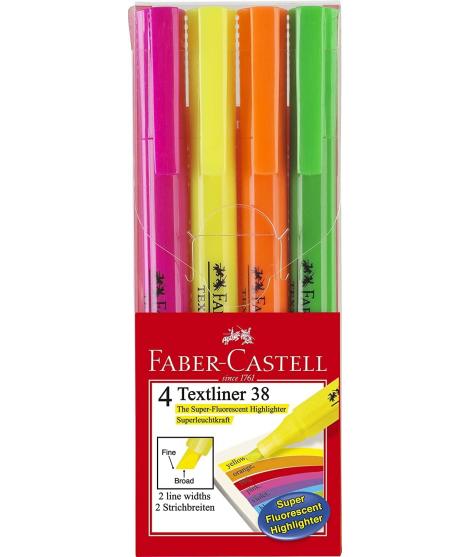 Faber-Castell Textliner 38 Pack de 4 Marcadores Fluorescentes - Cuerpo Fino - Punta Biselada - Trazo Grueso y Fino - Tinta con