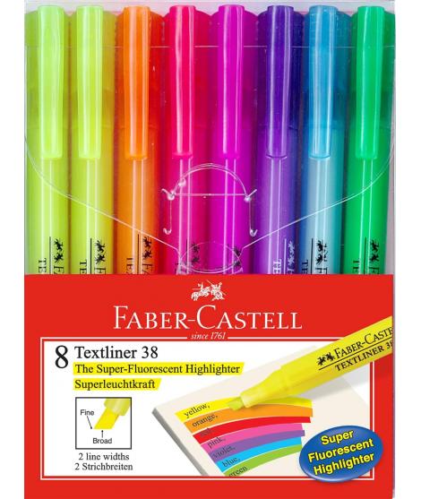 Faber-Castell Textliner 38 Pack de 8 Marcadores Fluorescentes - Cuerpo Fino - Punta Biselada - Trazo Grueso y Fino - Tinta con