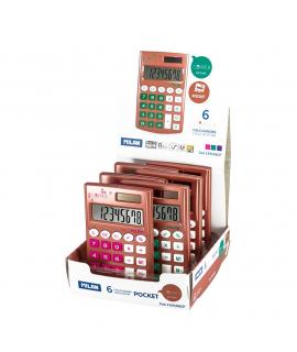 Milan Pocket Cooper Expositor de 6 Calculadoras de Bolsillo 8 Digitos - Tacto Suave - 3 Teclas de Memoria y Raiz Cuadrada - Apag