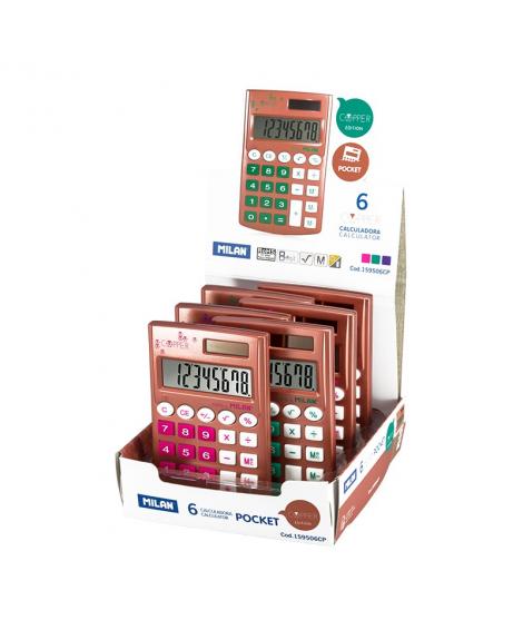 Milan Pocket Cooper Expositor de 6 Calculadoras de Bolsillo 8 Digitos - Tacto Suave - 3 Teclas de Memoria y Raiz Cuadrada -