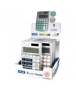 Milan Pocket Silver Expositor de 6 Calculadoras de Bolsillo 8 Digitos - Tacto Suave - 3 Teclas de Memoria y Raiz Cuadrada -