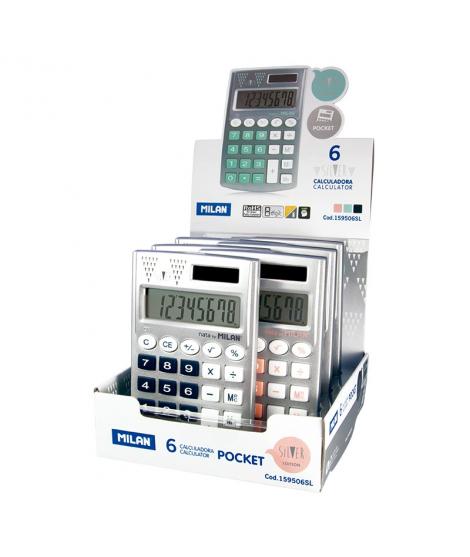 Milan Pocket Silver Expositor de 6 Calculadoras de Bolsillo 8 Digitos - Tacto Suave - 3 Teclas de Memoria y Raiz Cuadrada - Apag