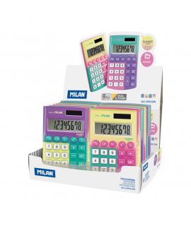 Milan Pocket Sunset Expositor con 12 Calculadoras de Bolsillo - 8 Digitos - Tacto Suave - Colores Surtidos