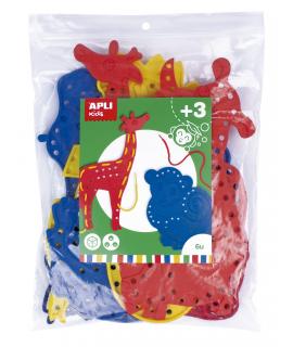 Apli Juego de Cosedores Animales - Formato Maxi - 6 Animales de Plastico con Agujeros - 18 Cuerdas de Colores - Desarrolla